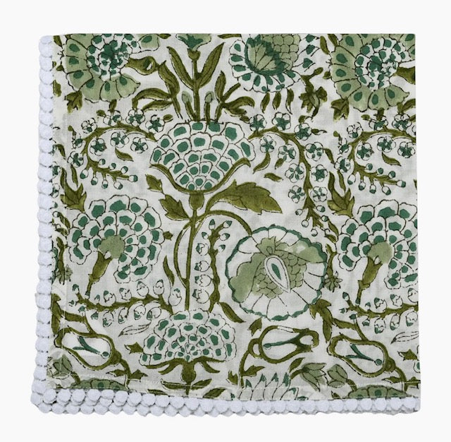 Cotton Print Napkin With Pom-Pom Border