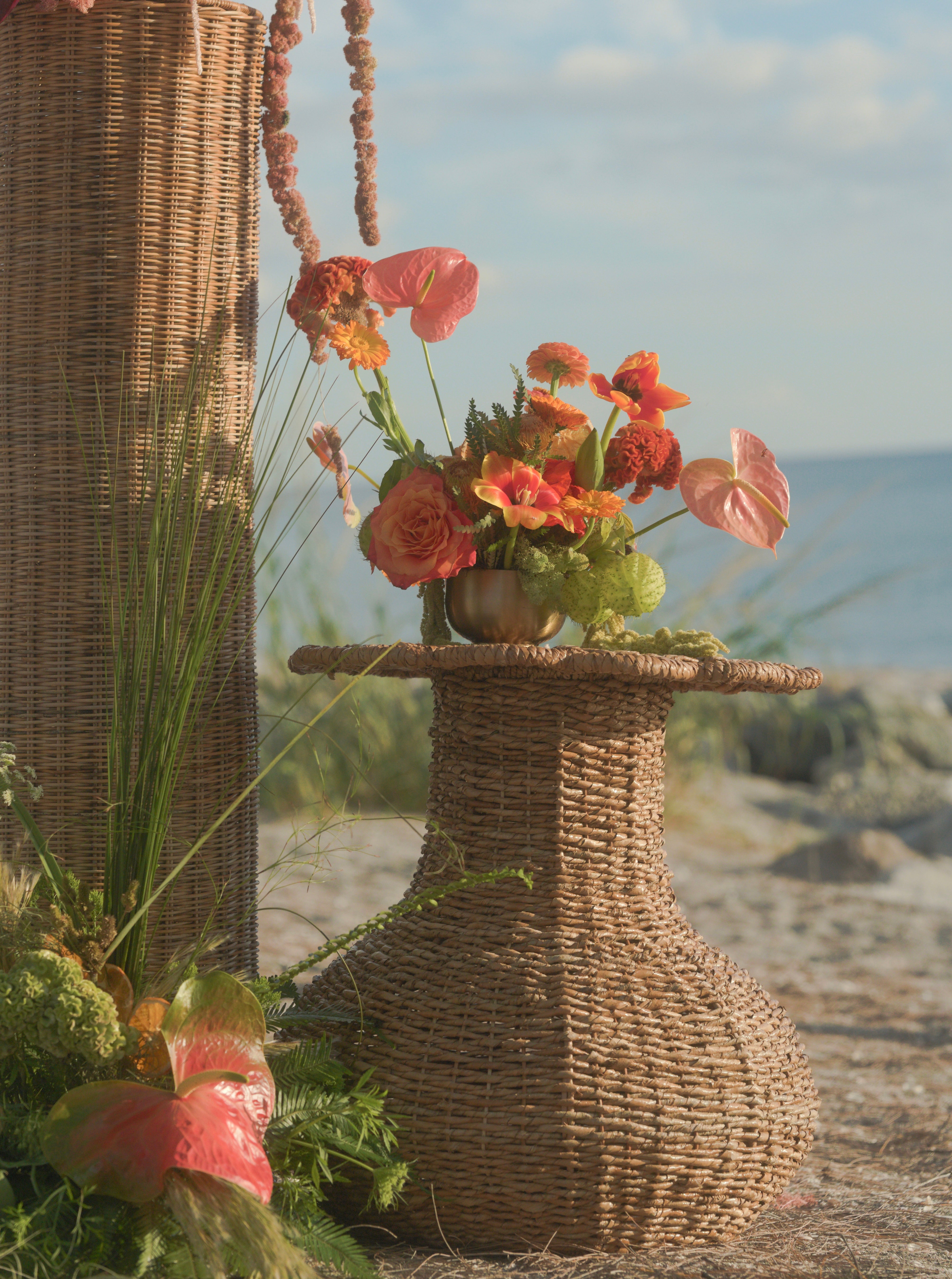 Rattan Side Table with Scalloped Top - 22”H