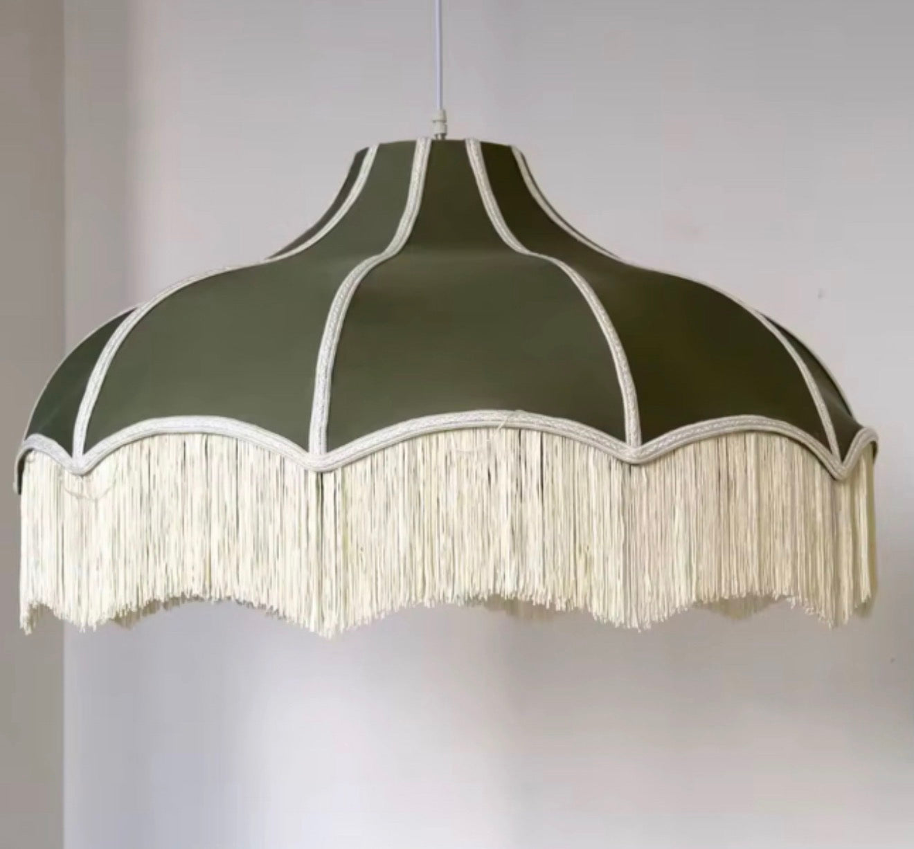 Olive Green Scalloped Fringe Lampshade – 31.5”