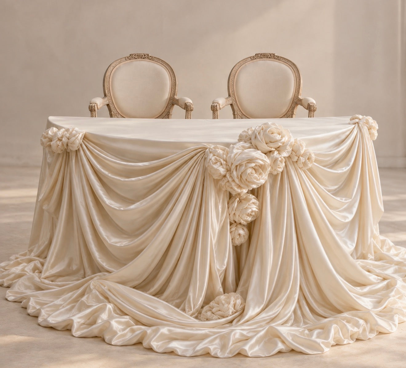 Ivory satin sweetheart table draping with cascading fabric swags and sculptural rosettes, paired with vintage French armchairs for an elegant wedding reception.
