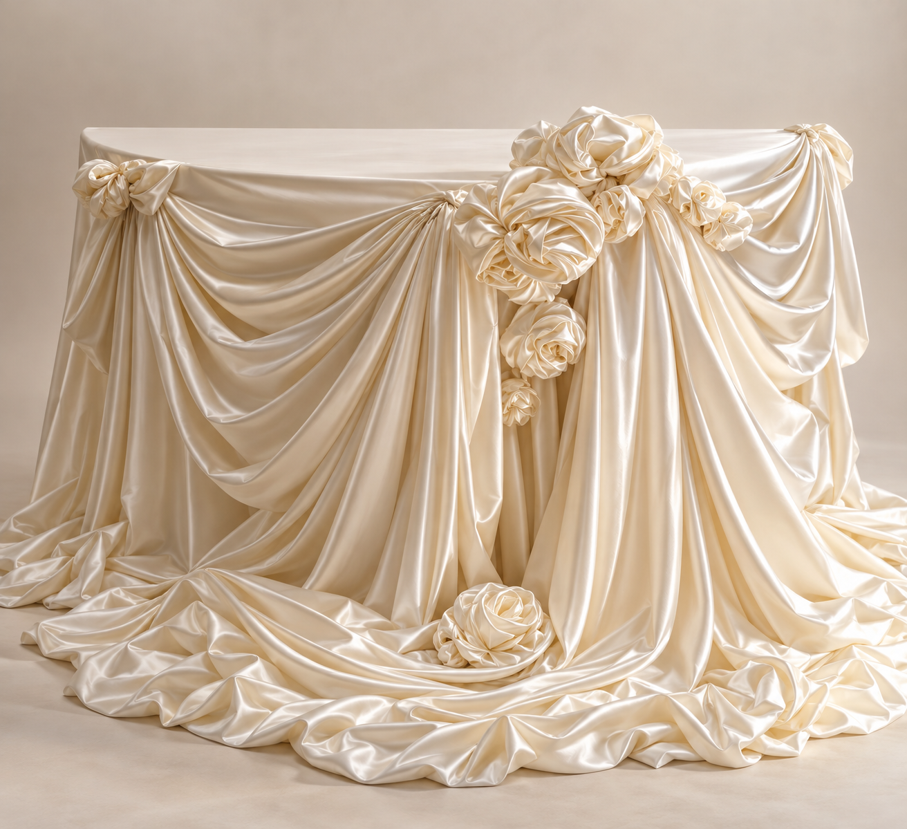 Ivory satin sweetheart table draping with cascading fabric swags and sculptural rosettes, paired with vintage French armchairs for an elegant wedding reception.